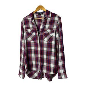 Sam Edelman Plaid Button down long sleeve role tab Rayon Plaid Shirt Size L